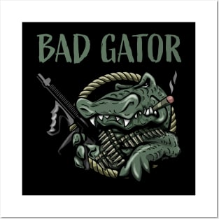 Funny Bad Gator with Rifle and Cigar Alligator Cartoon Posters and Art